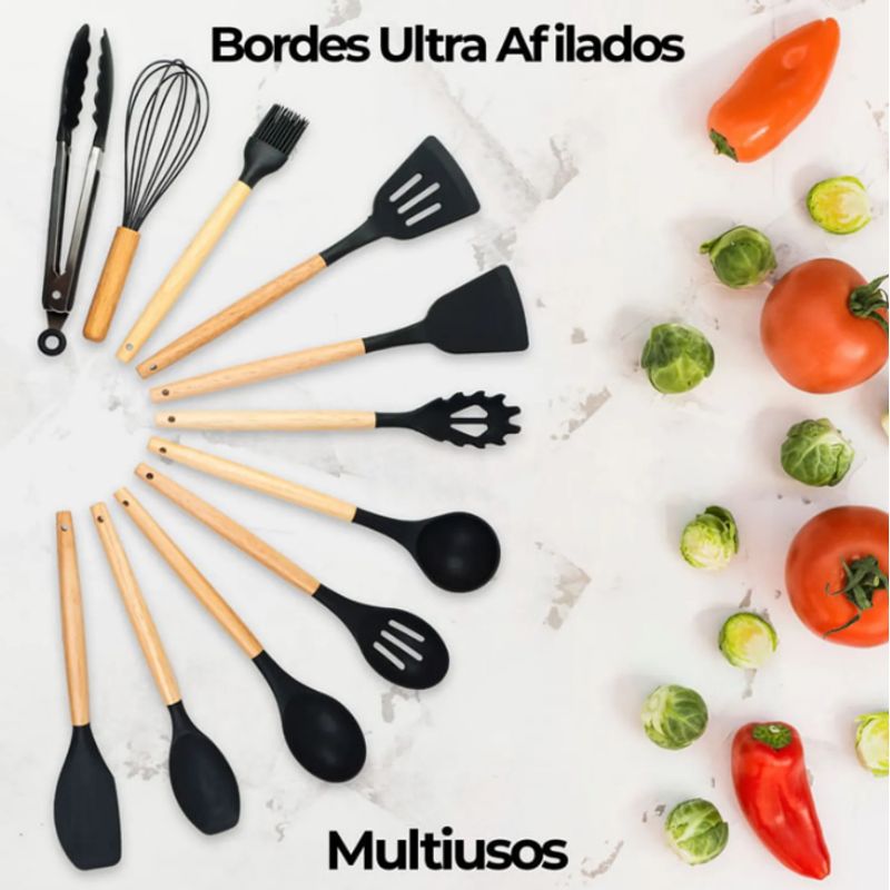 GENERICO - KIT UTENSILIOS DE COCINA - 19 PIEZAS SILICONADO NEGRO