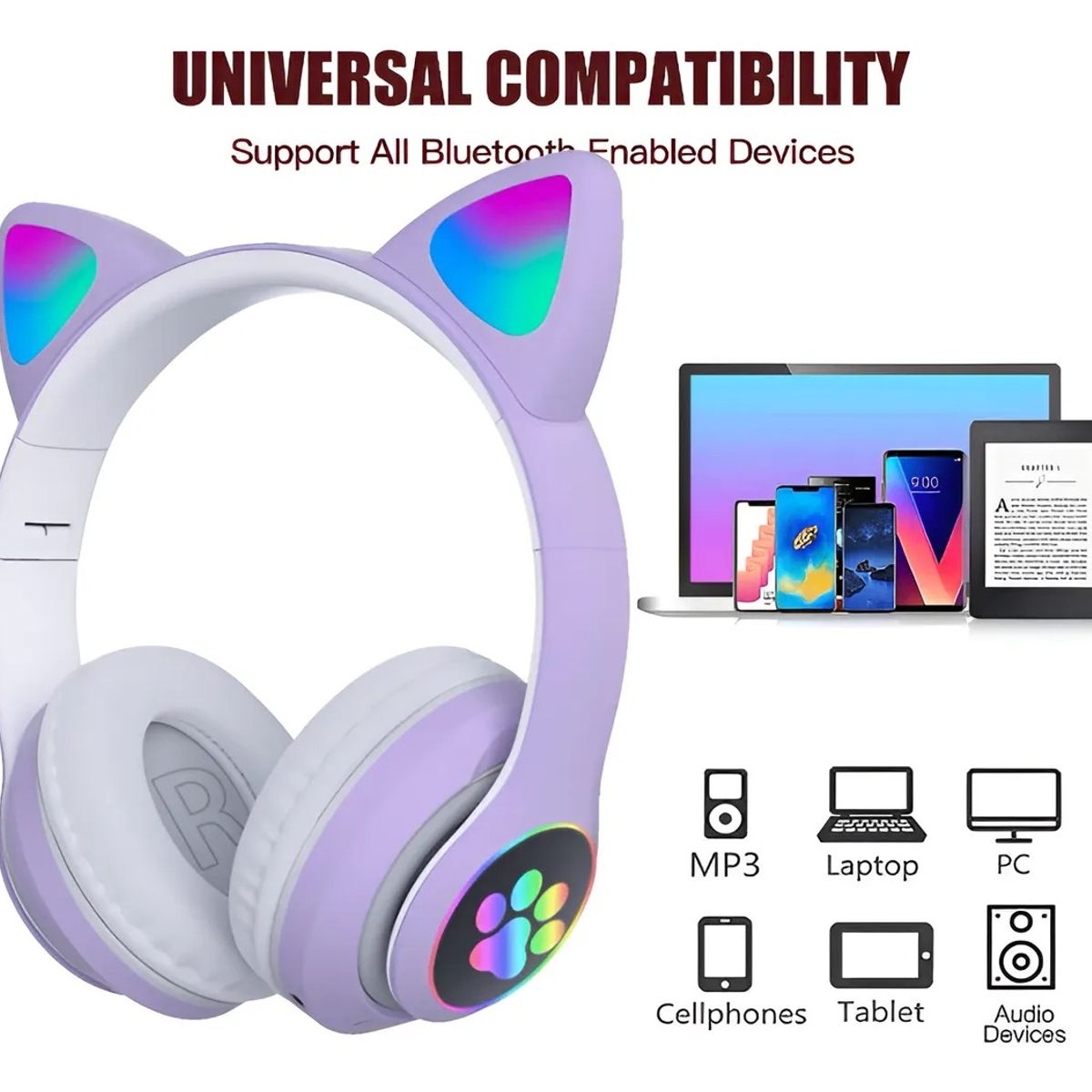 KIDSHOP - Audifonos Inalambricos Diadema Con Orejas De Gato STN-28 Morado