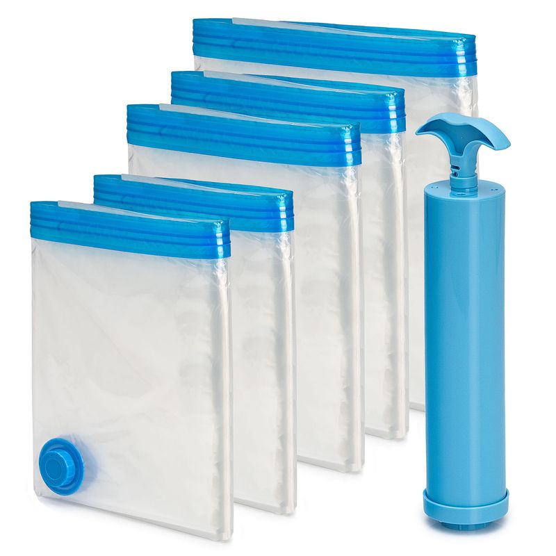 ENERGY PLUS - Set x5 Bolsas al Vacío para Ropa y Cobijas con Bomba Manual