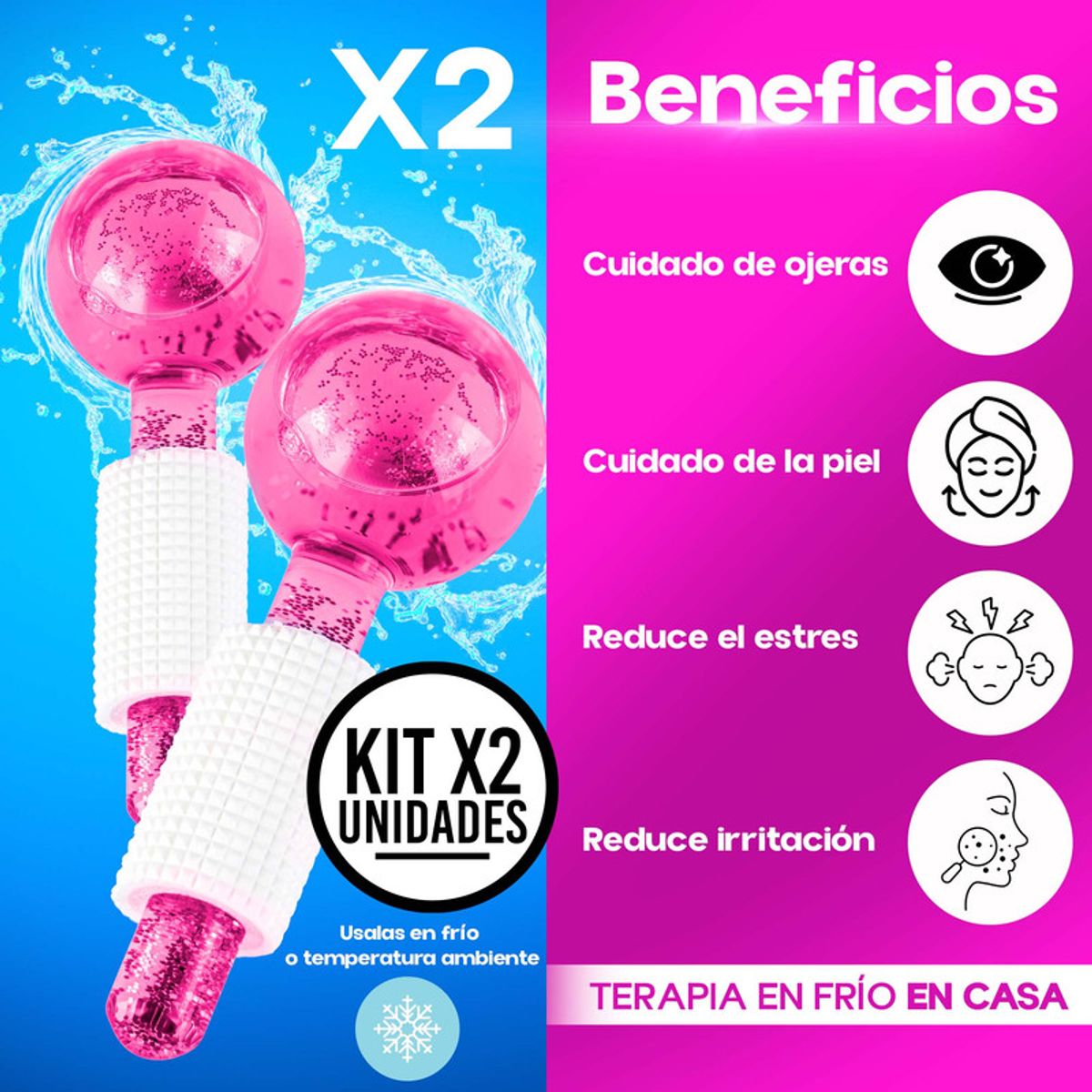 STYLE STARS - Set x2 Globos de Hielo Facial Masajeador Lifting Anti Ojeras Rosad