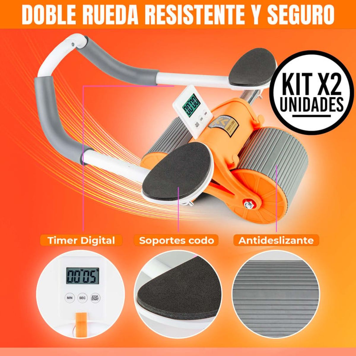 STYLE STARS - Set x2 Rueda Abdominal Gym Rodillo con Timer Digital y Apoyo Naranja