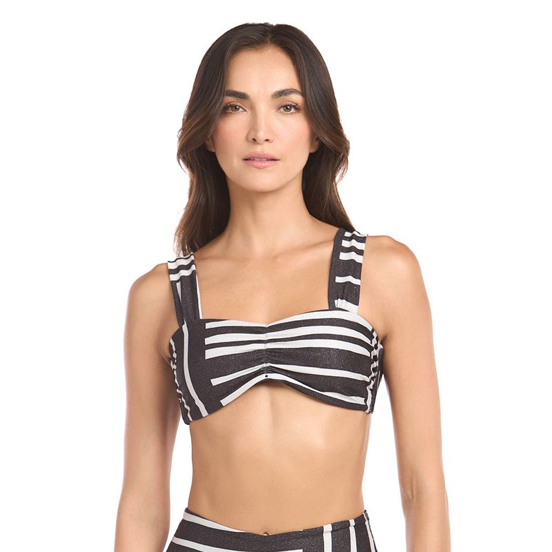 DULZAMARA - Top vestido de baño negro estampado escote recto destello
