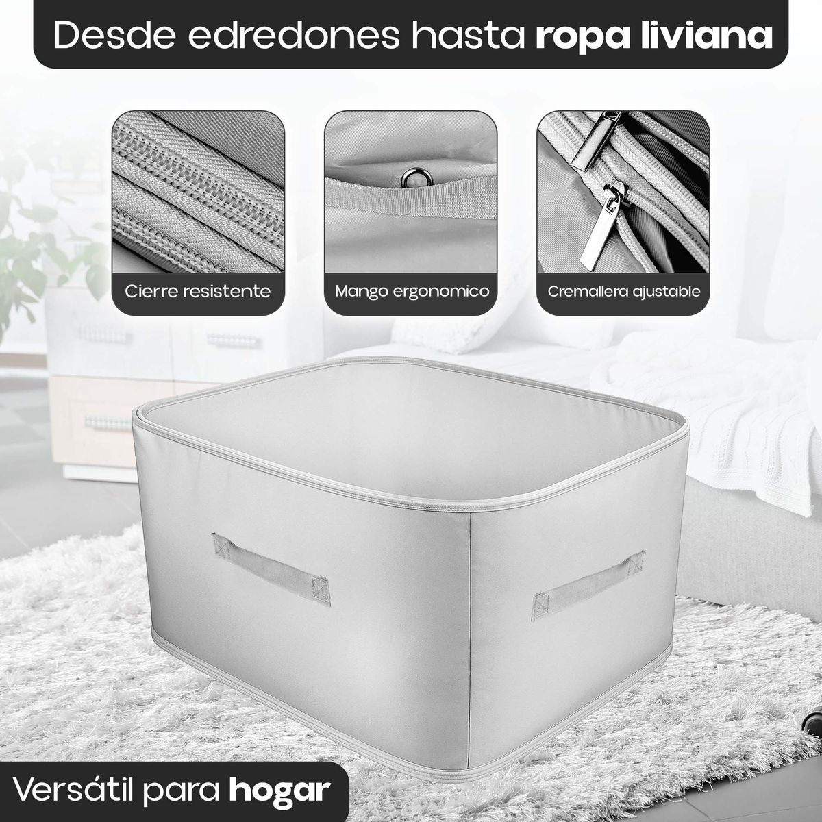ENERGY PLUS - Bolsa Ahorradora Espacio 3 Cierres Organizador Cobijas Ropa Gris