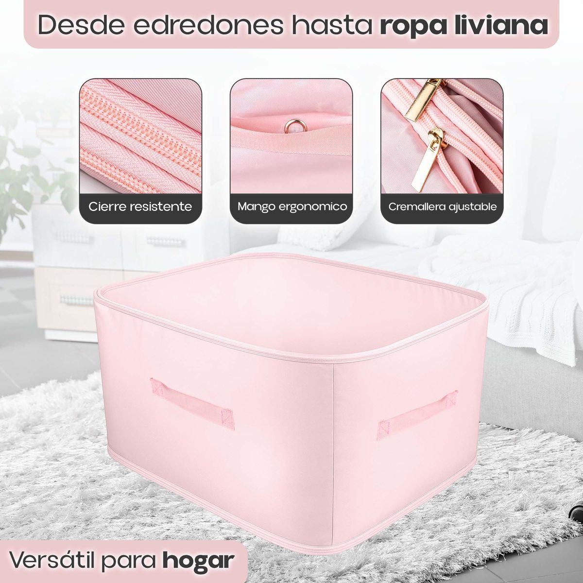 ENERGY PLUS - Bolsa Ahorradora Espacio 3 Cierres Organizador Cobijas Ropa Rosa