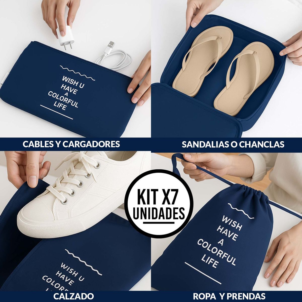 ENERGY PLUS - Set x7 Bolsas Organizadoras para Maleta Cubos Viaje Práctico Azul