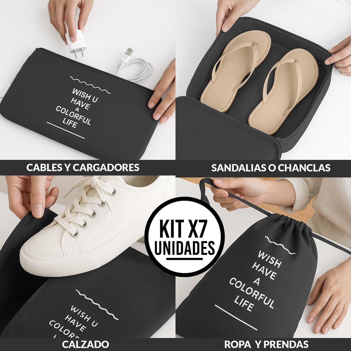 ENERGY PLUS - Set x7 Bolsas Organizadoras para Maleta Cubos Viaje Práctico Gris