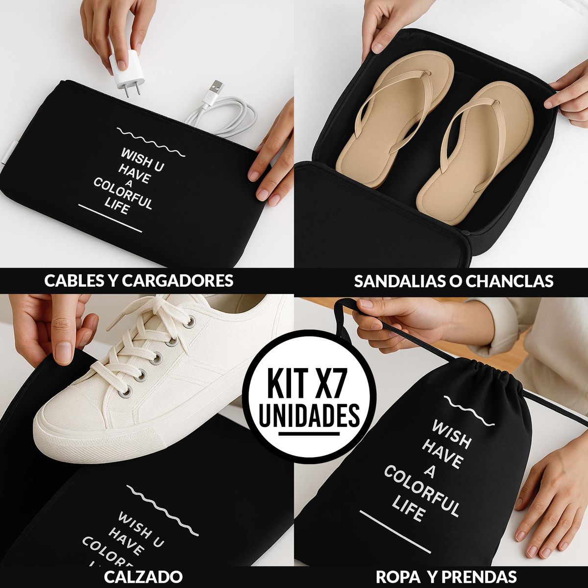 ENERGY PLUS - Set x7 Bolsas Organizadoras para Maleta Cubos Viaje Práctico Negra