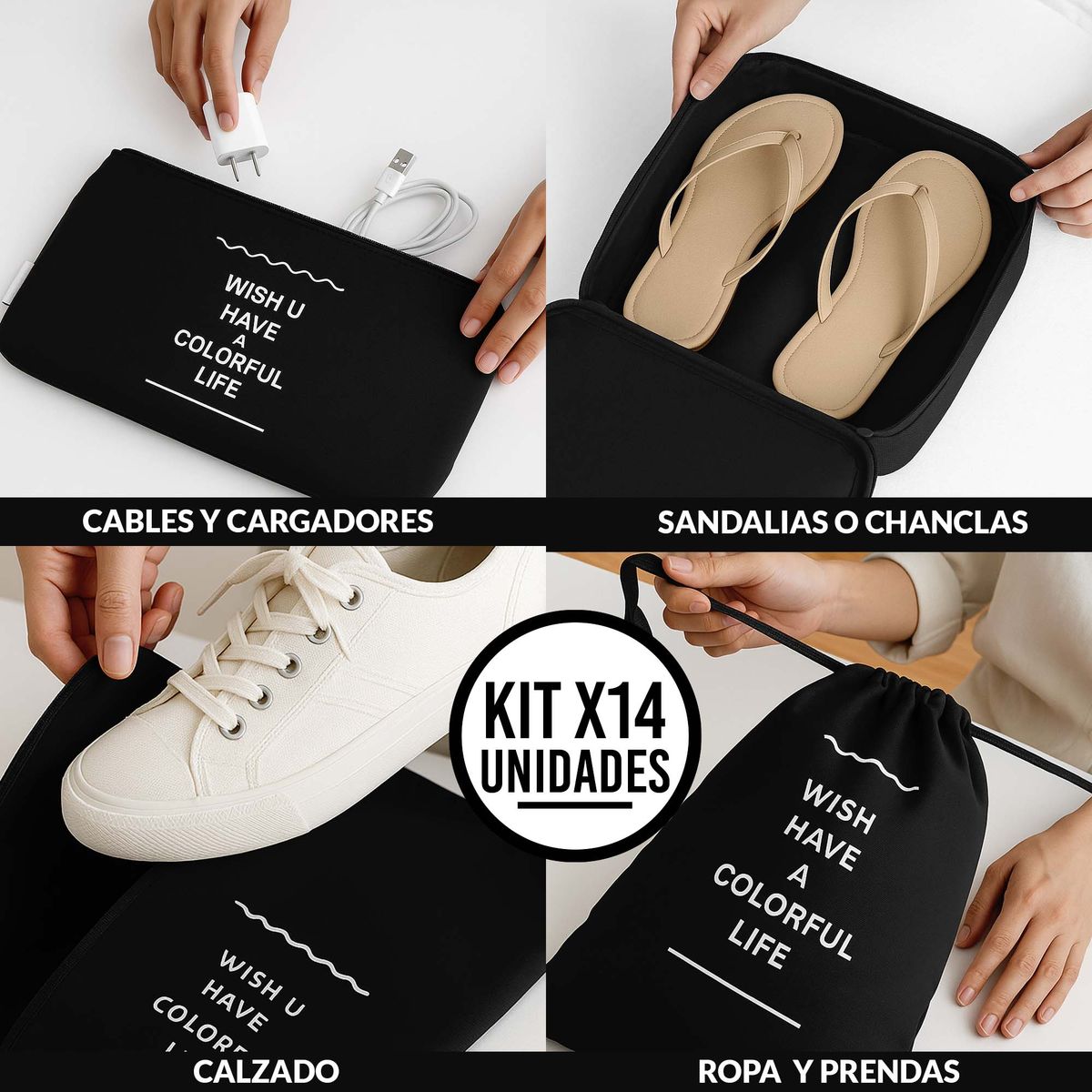 ENERGY PLUS - Set x14 Bolsas Organizadoras para Maleta Cubos de Viaje Negra