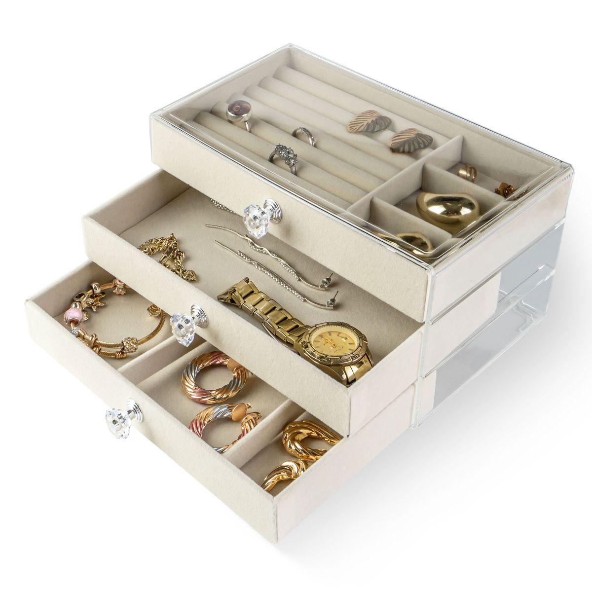 ENERGY PLUS - Joyero Organizador Joyas 3 Niveles Transparente y Divisiones Beige