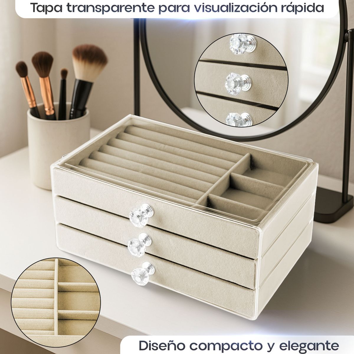 ENERGY PLUS - Joyero Organizador Joyas 3 Niveles Transparente y Divisiones Beige