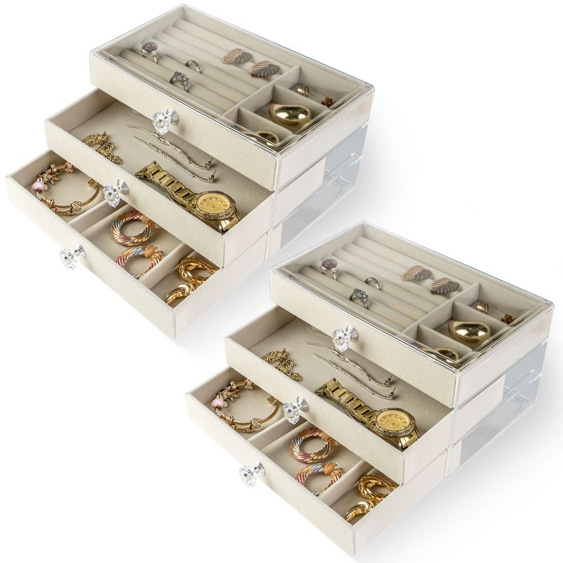 ENERGY PLUS - Set x2 Joyero Organizador 3 Niveles Transparente Divisiones Beige