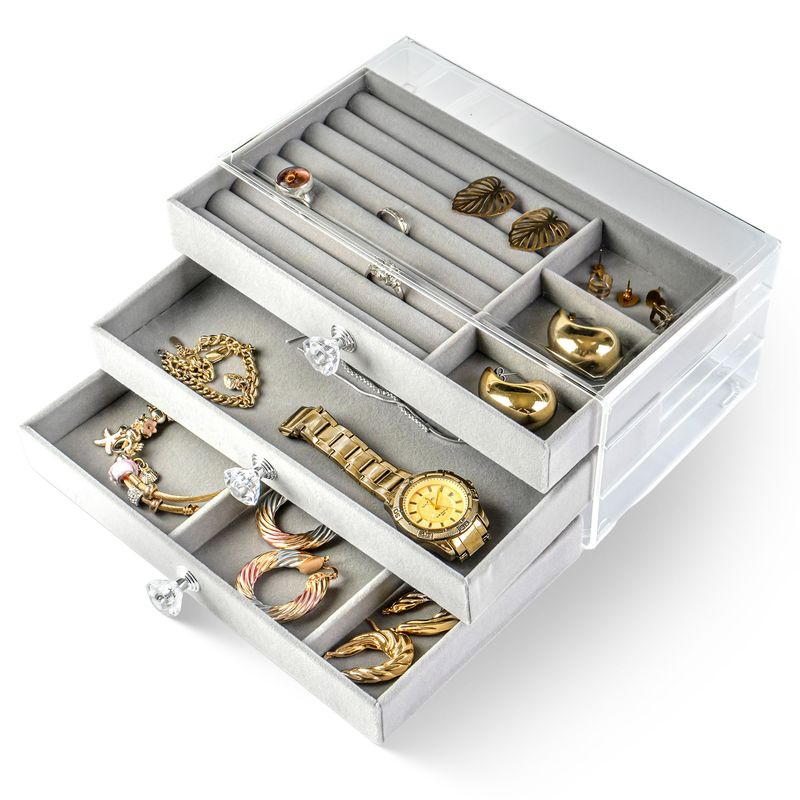 ENERGY PLUS - Joyero Organizador Joyas 3 Niveles Transparente y Divisiones Gris