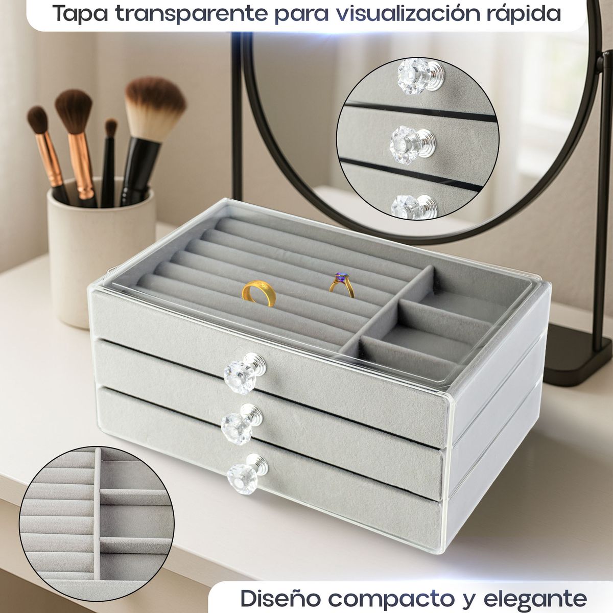 ENERGY PLUS - Joyero Organizador Joyas 3 Niveles Transparente y Divisiones Gris