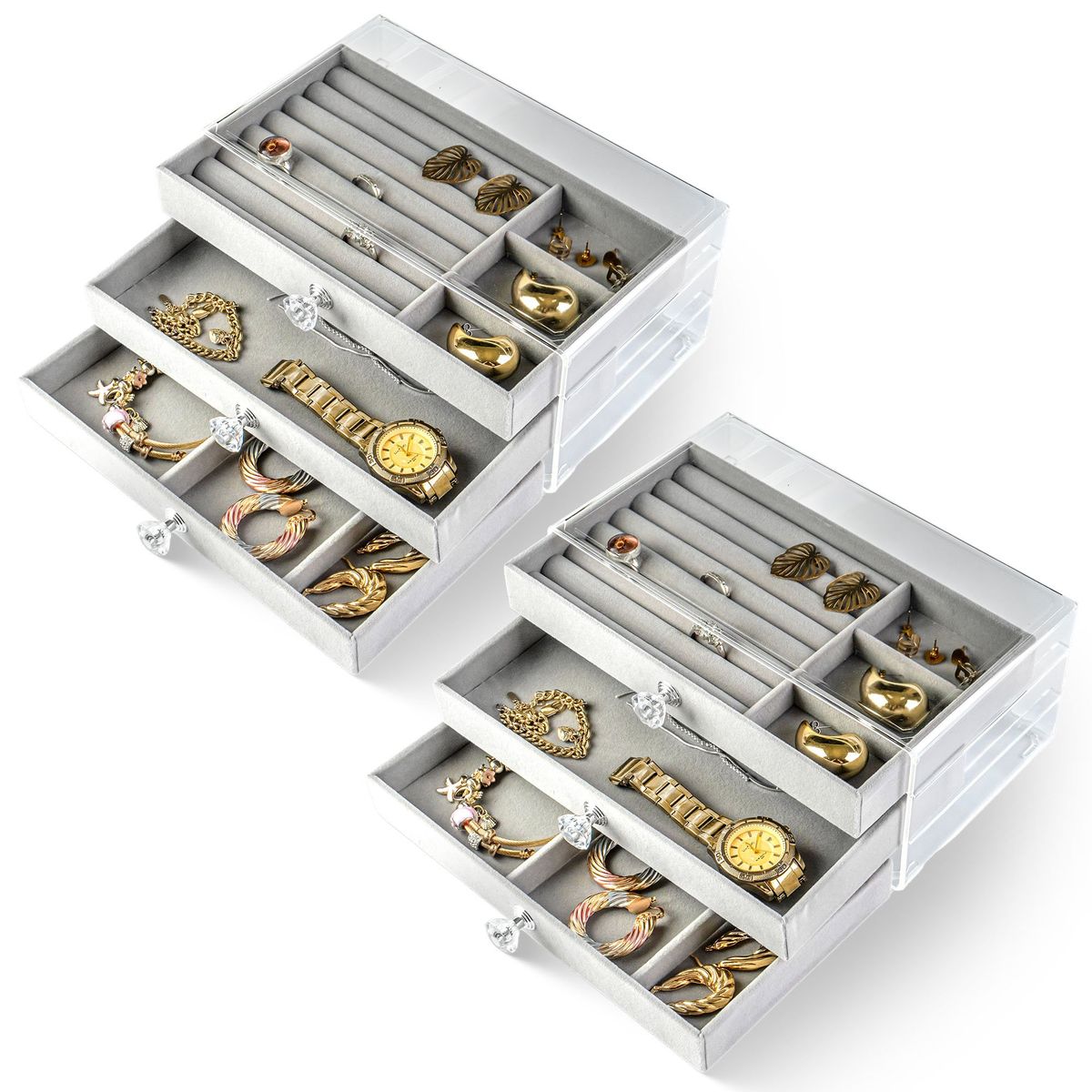 ENERGY PLUS - Set x2 Joyero Organizador 3 Niveles Transparente Divisiones Gris