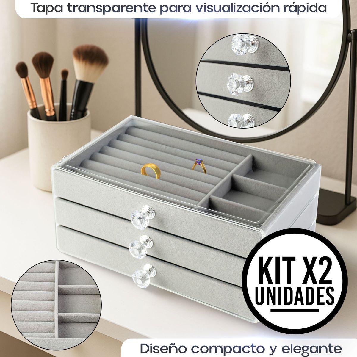 ENERGY PLUS - Set x2 Joyero Organizador 3 Niveles Transparente Divisiones Gris