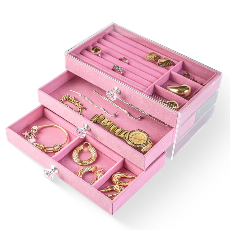 ENERGY PLUS - Joyero Organizador Joyas 3 Niveles Transparente y Divisiones Rosado
