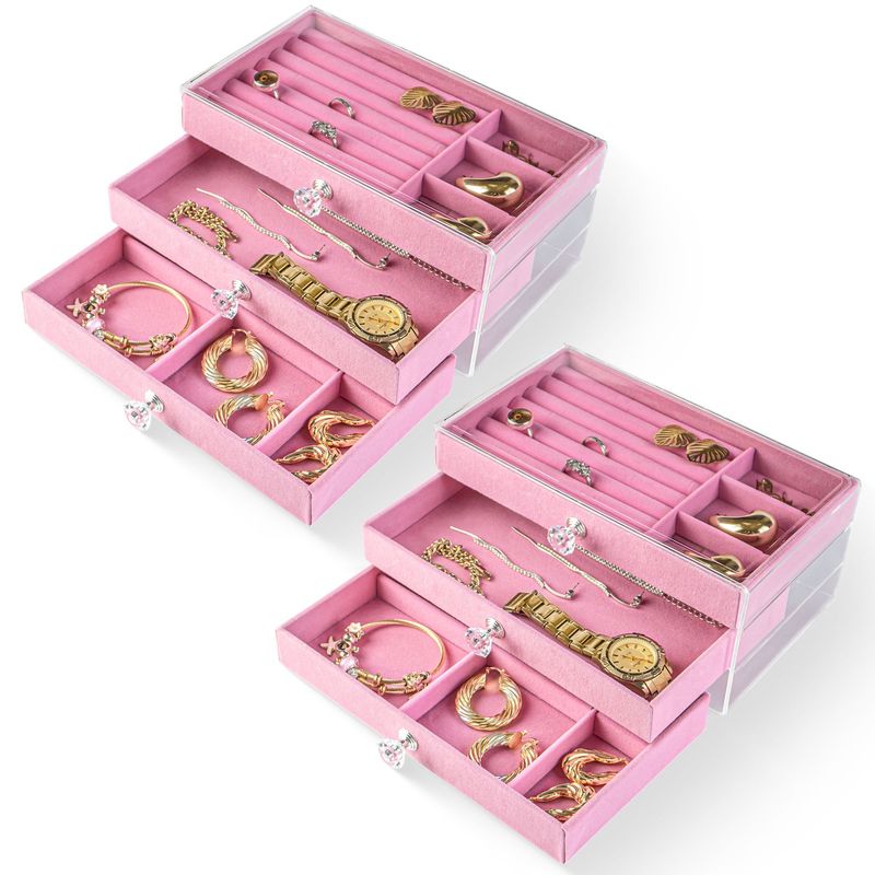 ENERGY PLUS - Set x2 Joyero Organizador 3 Niveles Transparente Divisiones Rosado