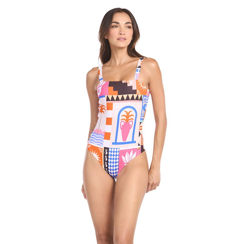 DULZAMARA - Vestido de baño entero estampado con escote recto carmin