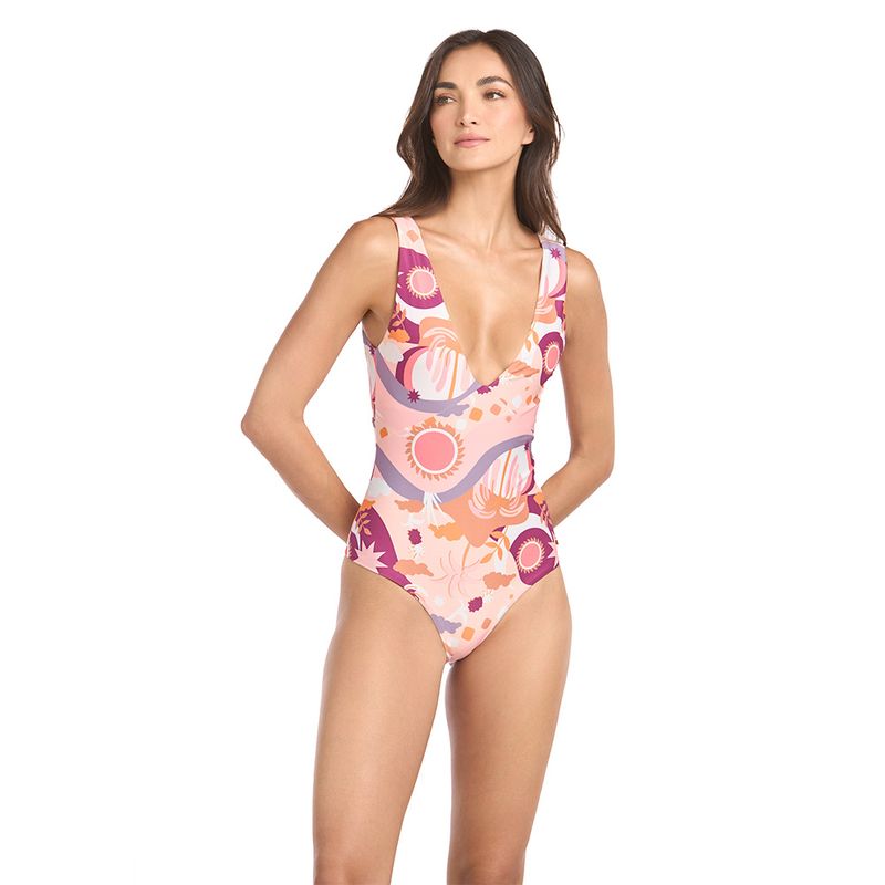 DULZAMARA - Vestido de baño entero estampado con escote profundo rubi