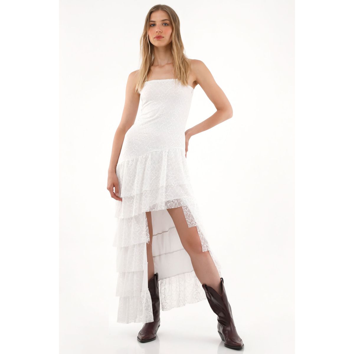 TENNIS - Vestido largo en encaje con boleros crudo para mujer