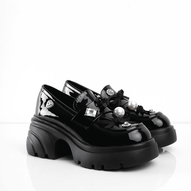 CALZADO ADRENALINA - Zapatos negros de charol con múltiples apliques tulipan