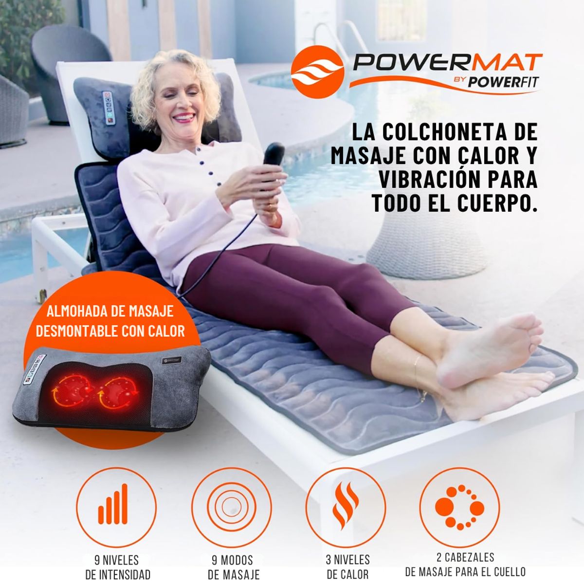 TV NOVEDADES - Sistema De Masaje Con Calor Y Cojín Removible Con Masaje Shiatsu Powermat