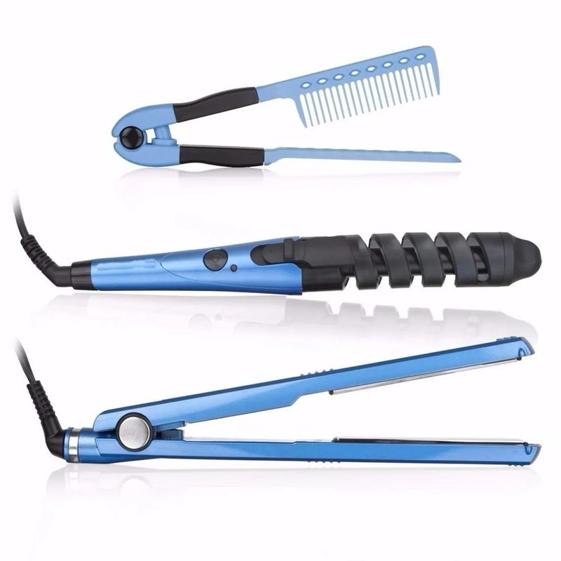 GENERICO - Combo Plancha Alizadora Rizadora Peinilla Cabello Nano Trio Titanium