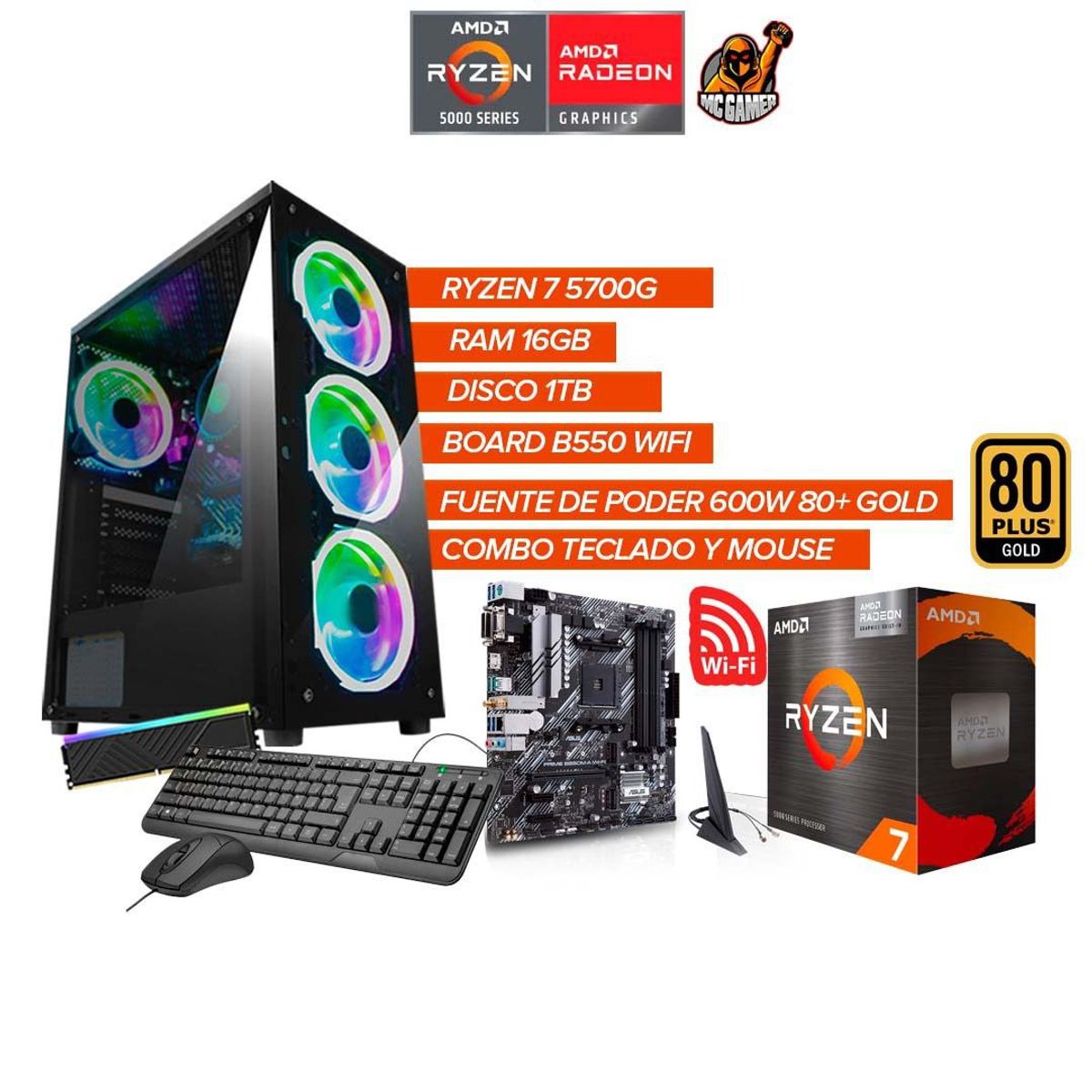 AMD - PC GAMER RYZEN 7 5700G / 16GB RAM / 1TB / BOARD B550 WIFI / FUENTE 600W 80+ GOLD