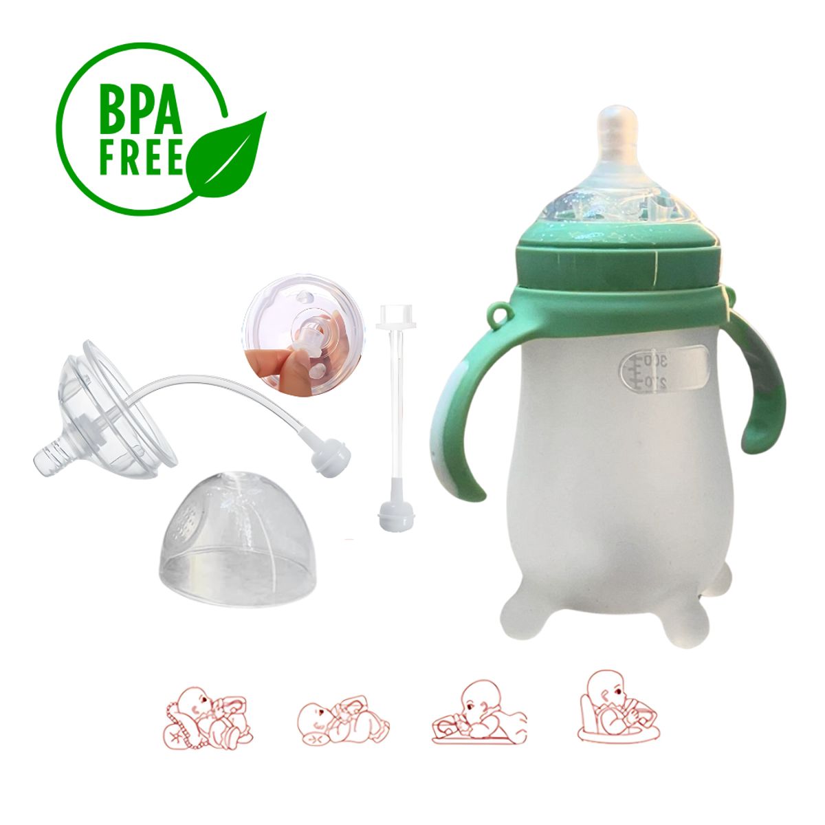 BABY ON - Tetero Biberon En Silicona Cuello Ancho Fácil Limpieza Verde
