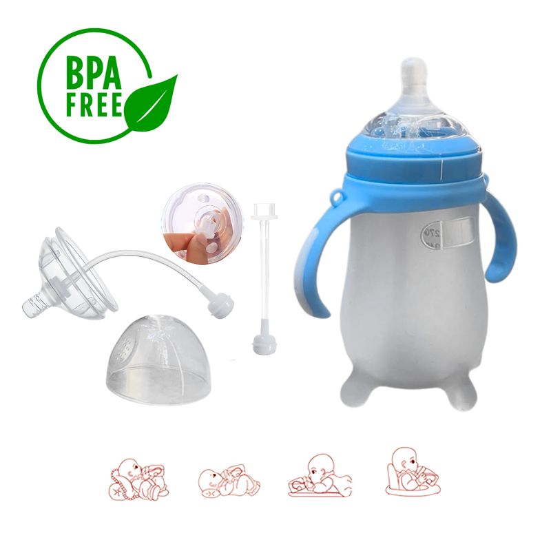 BABY ON - Tetero Biberon En Silicona Cuello Ancho Fácil Limpieza Azul
