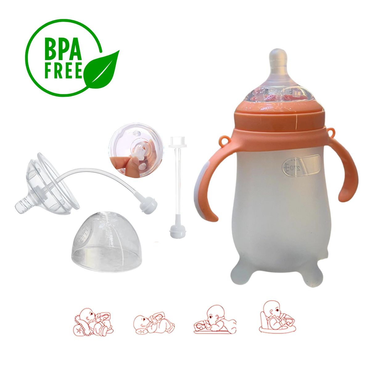 BABY ON - Tetero Biberon En Silicona Cuello Ancho Fácil Limpieza Rosa