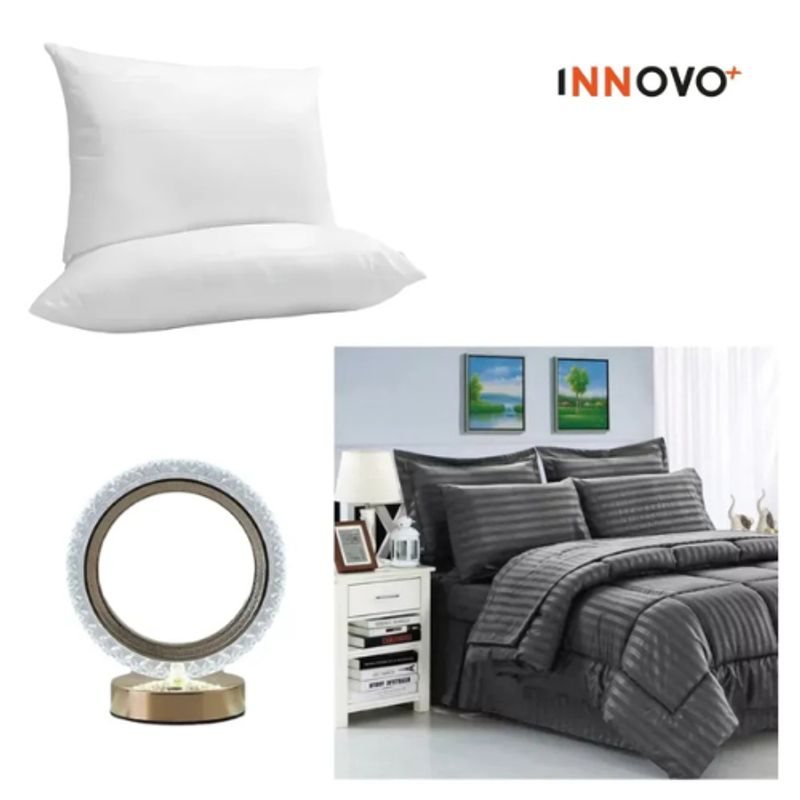 INNOVA - Combo Cubrelecho Cama Doble Premium + 2 Almohadas Confort + Lámpara
