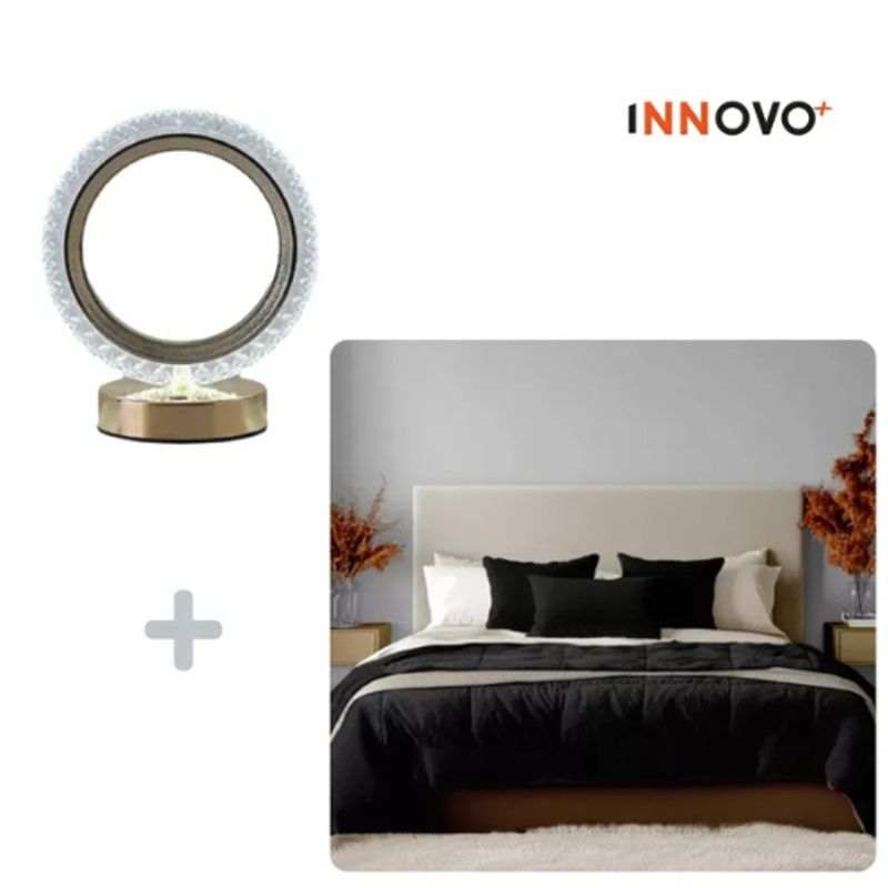 INNOVA - Combo Cubrelecho Térmico Cama Doble Negro + Lámpara Mesa De Noche