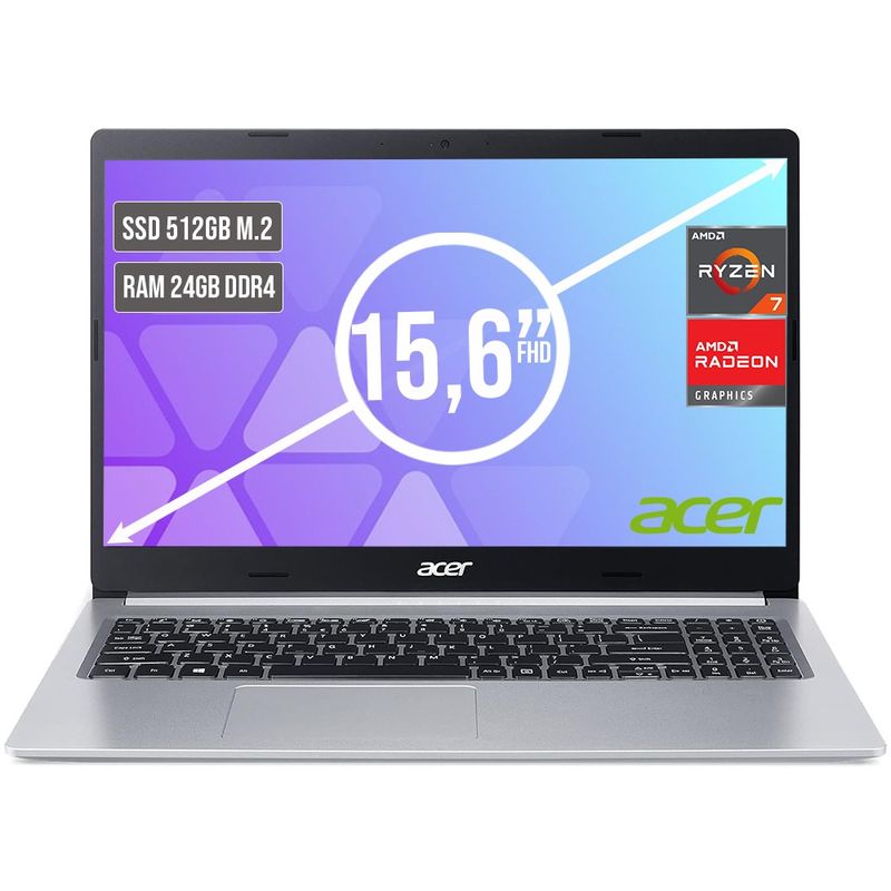 ACER - PORTATIL ACER ASPIRE AMD RYZEN 7 5700U SSD 512GB RAM 24GB LED LED 15,6"