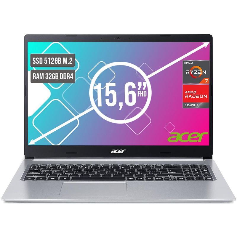 ACER - PORTATIL ACER ASPIRE AMD RYZEN 7 5700U SSD 512GB RAM 32GB LED LED 15,6"