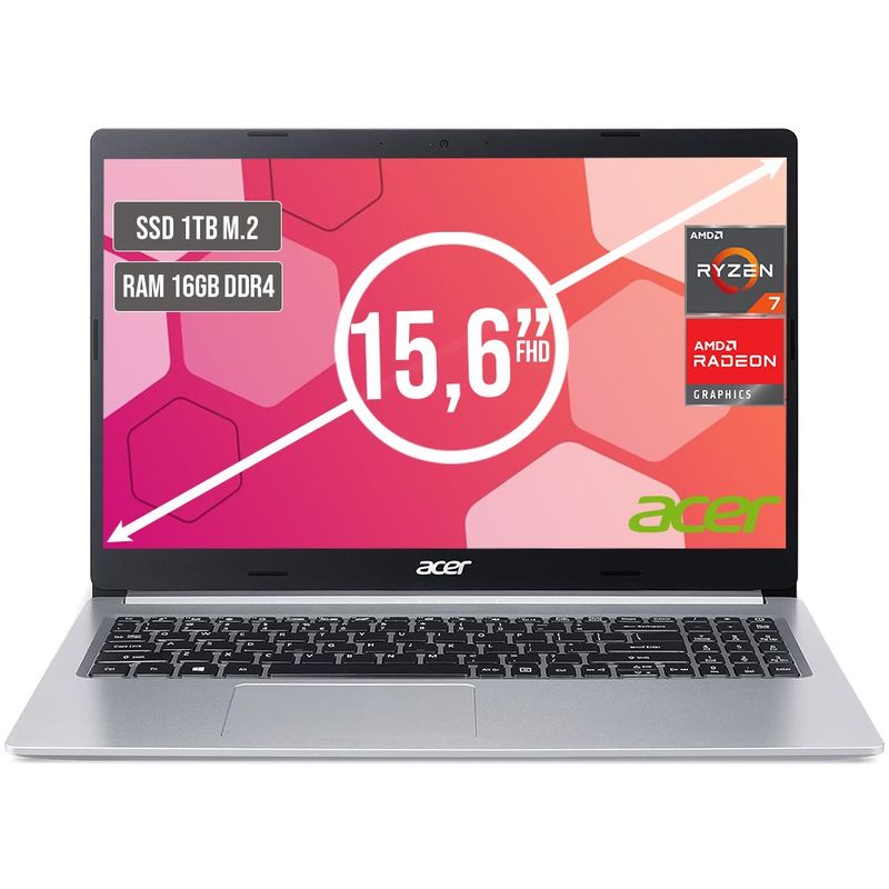 ACER - PORTATIL ACER ASPIRE AMD RYZEN 7 5700U SSD 1TB RAM 16GB LED LED 15,6"