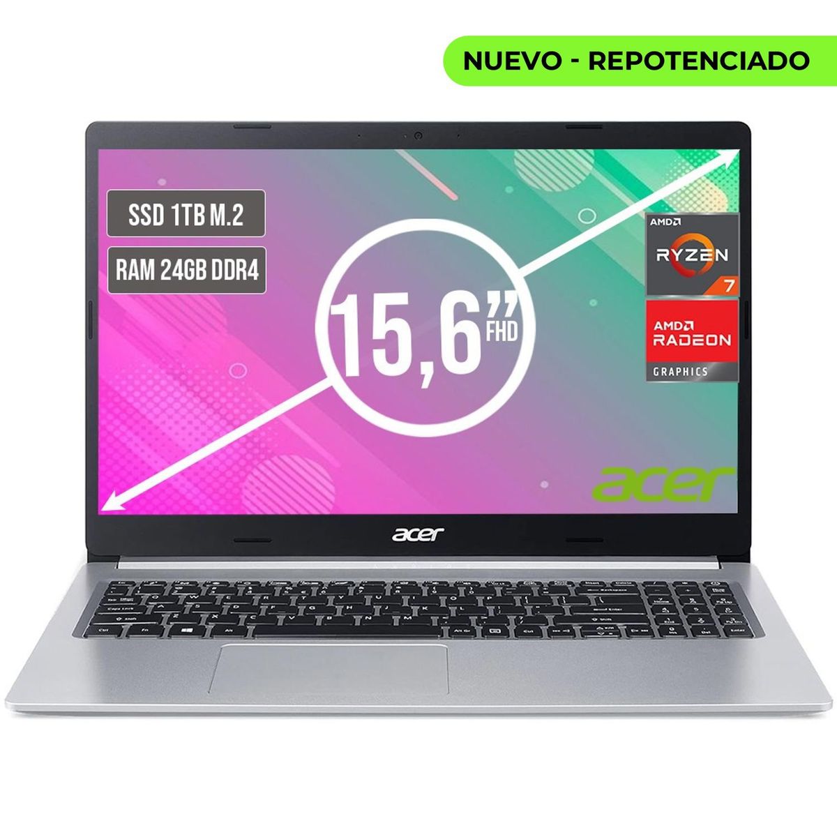 ACER - PORTATIL ACER ASPIRE AMD RYZEN 7 5700U SSD 1TB RAM 24GB LED LED 15,6"