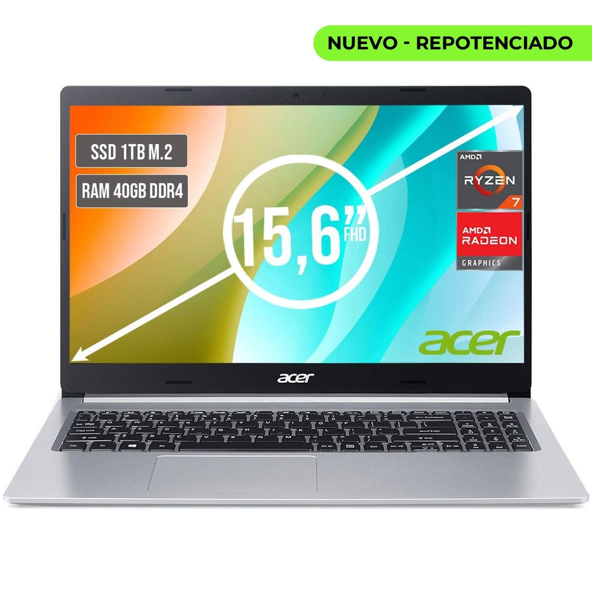 ACER - PORTATIL ACER ASPIRE AMD RYZEN 7 5700U SSD 1TB RAM 40GB LED LED 15,6"