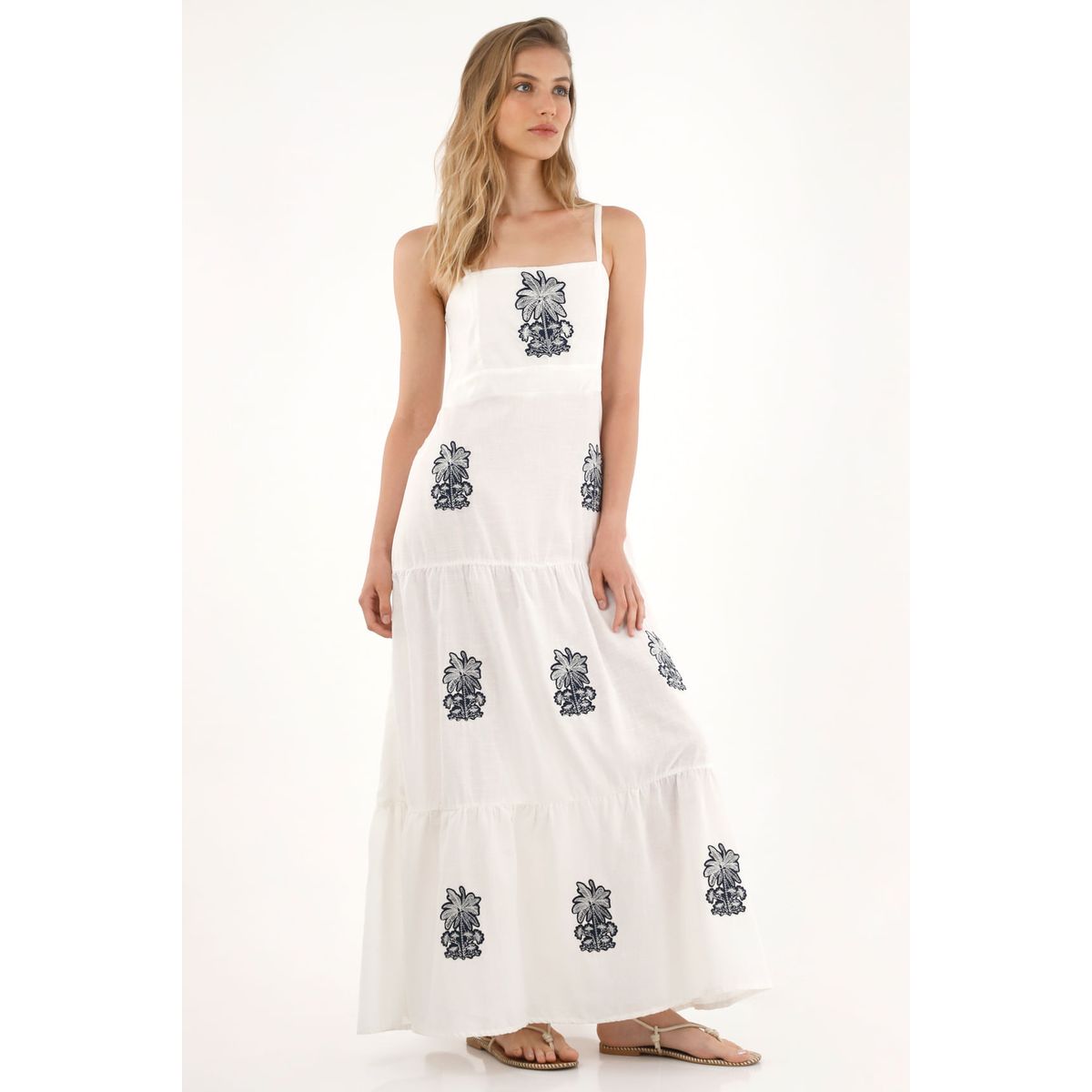 TENNIS - Vestido largo con vuelo y apliques bordados crudo para mujer