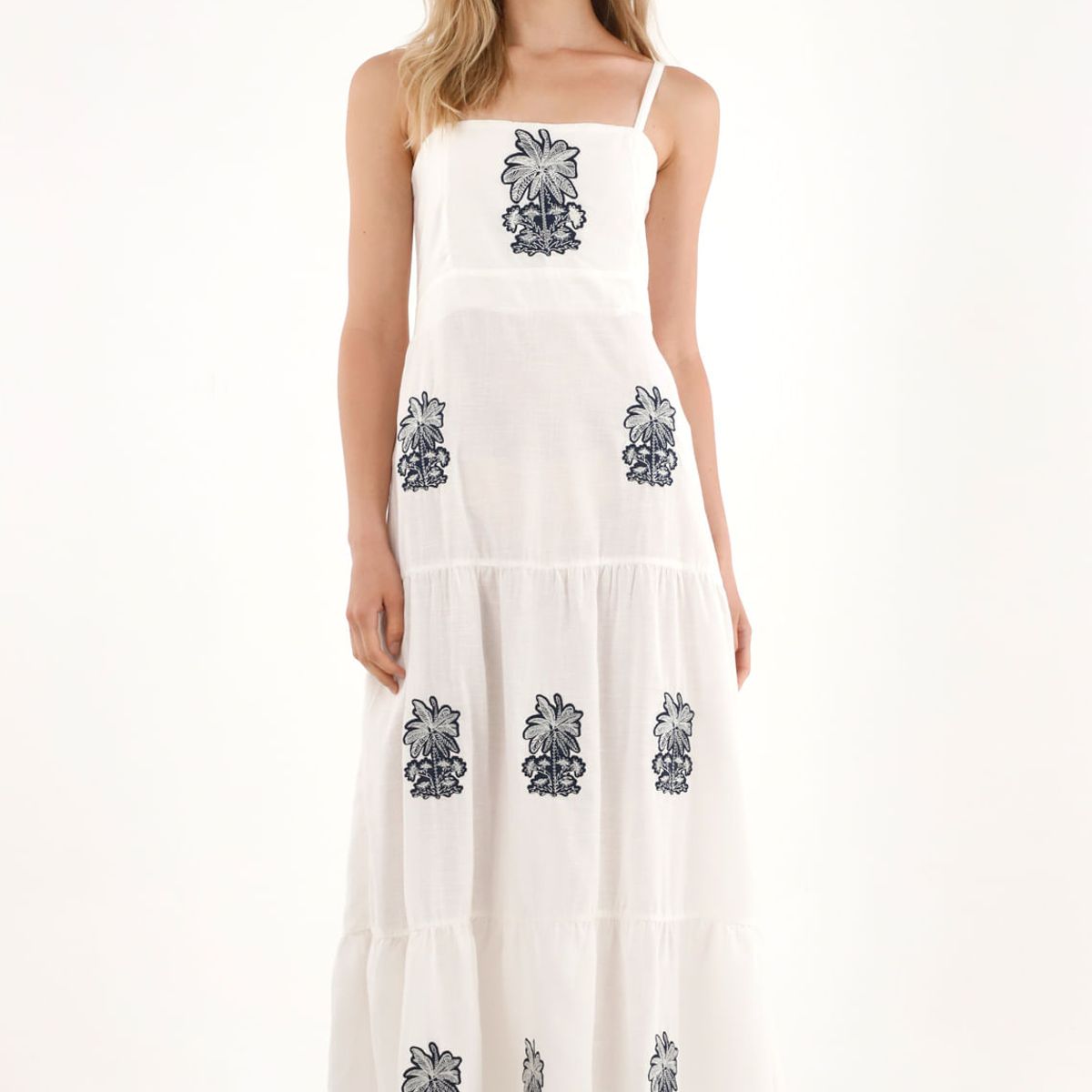 TENNIS - Vestido largo con vuelo y apliques bordados crudo para mujer