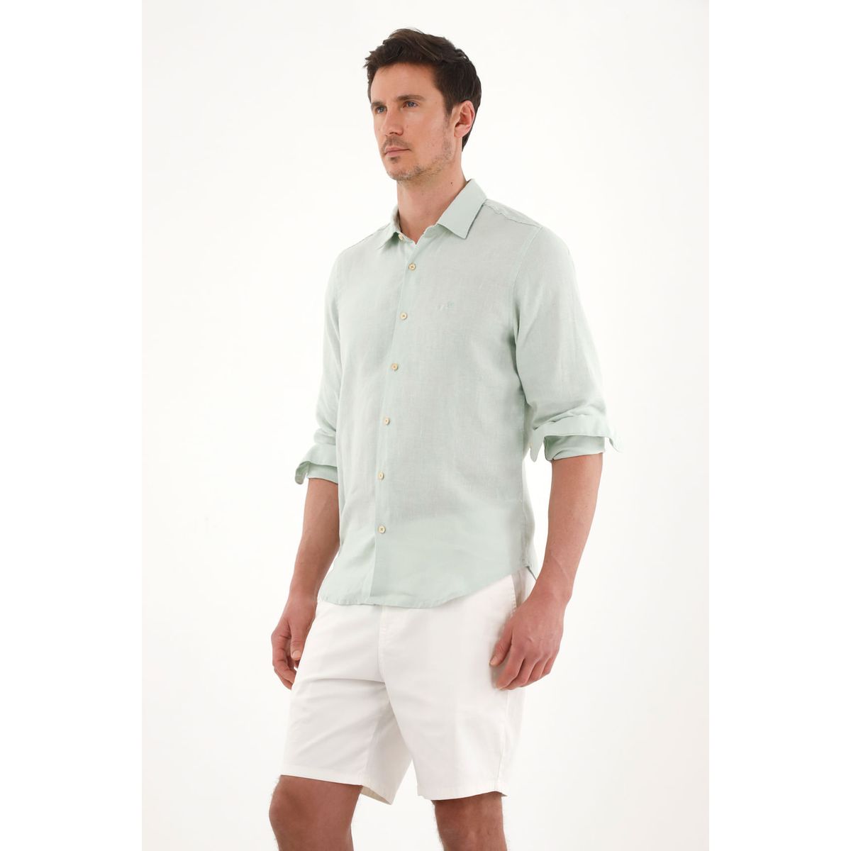 TENNIS - Camisa en 100% lino con bordado verde para hombre