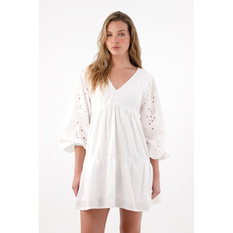 TENNIS - Vestido corto de manga larga en ojalillo para mujer
