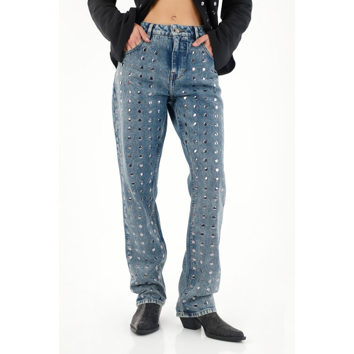 TENNIS - Jean Recto de tiro medio con apliques de brillo para mujer