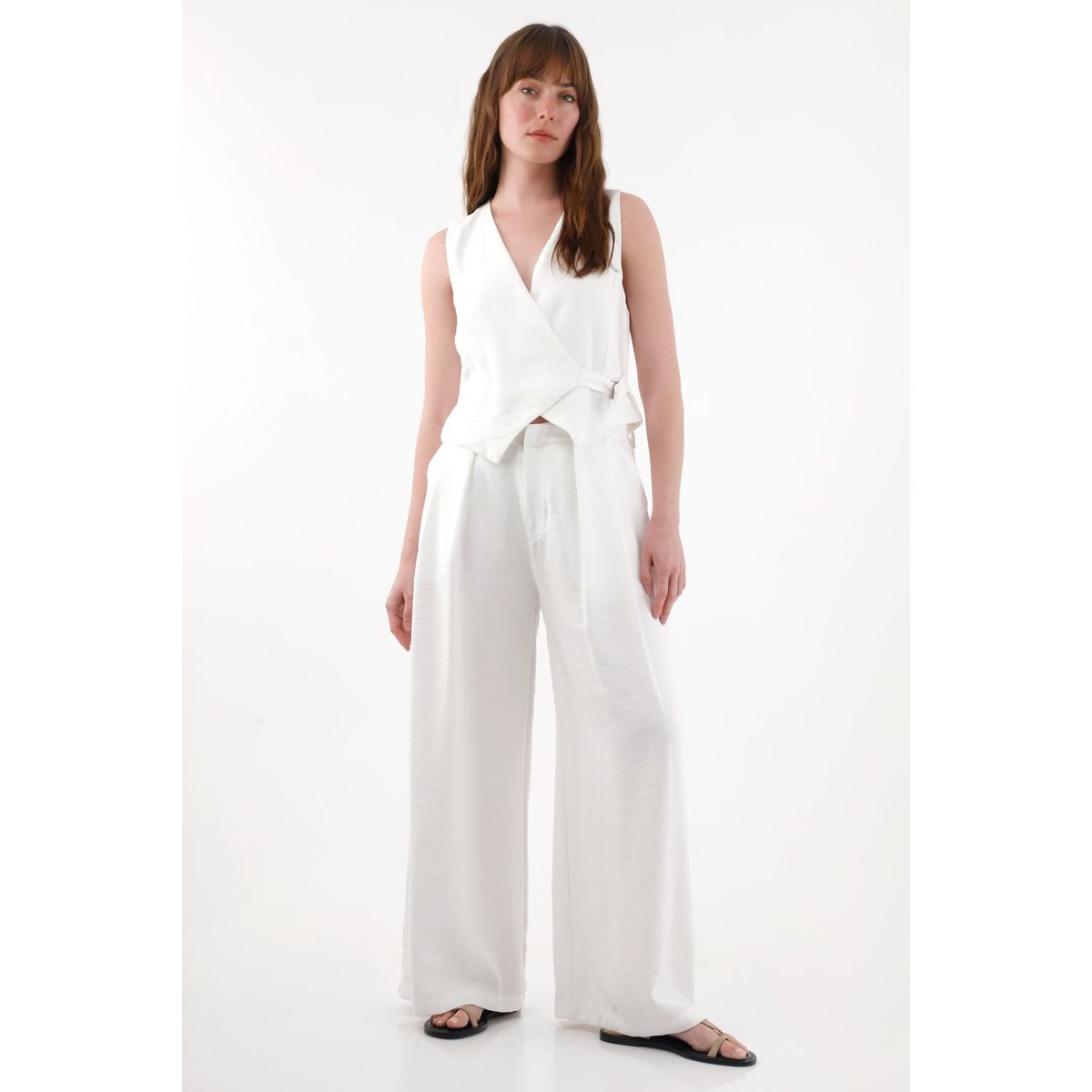 TENNIS - Pantalón Wide Leg con tablas crudo para mujer