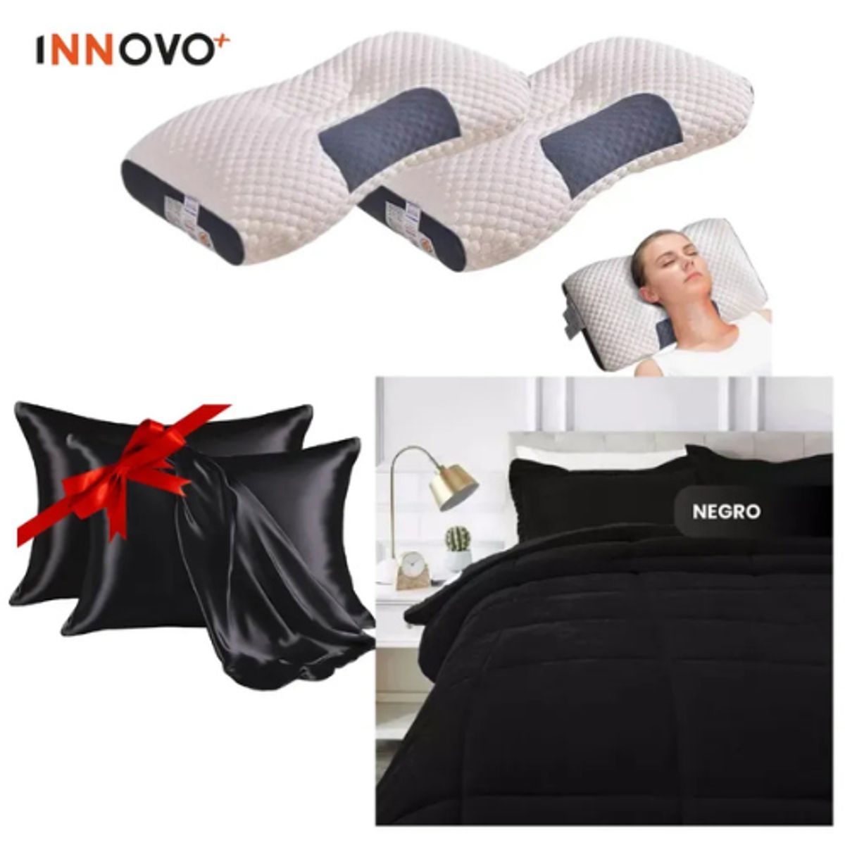 INNOVA - Combo Cubrelecho Doble Cama Ovejero + 2 Almohadas Semi-Ortopédicas