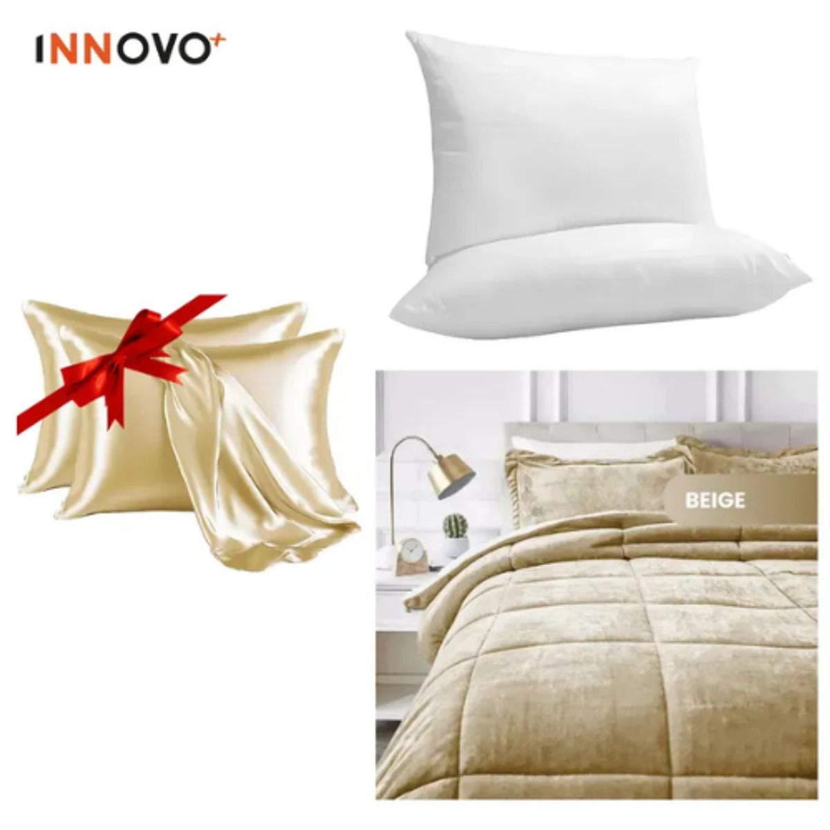 INNOVA - Cubrelecho Beige Térmico Cama Doble + 2 Almohadas + Obsequio Fundas