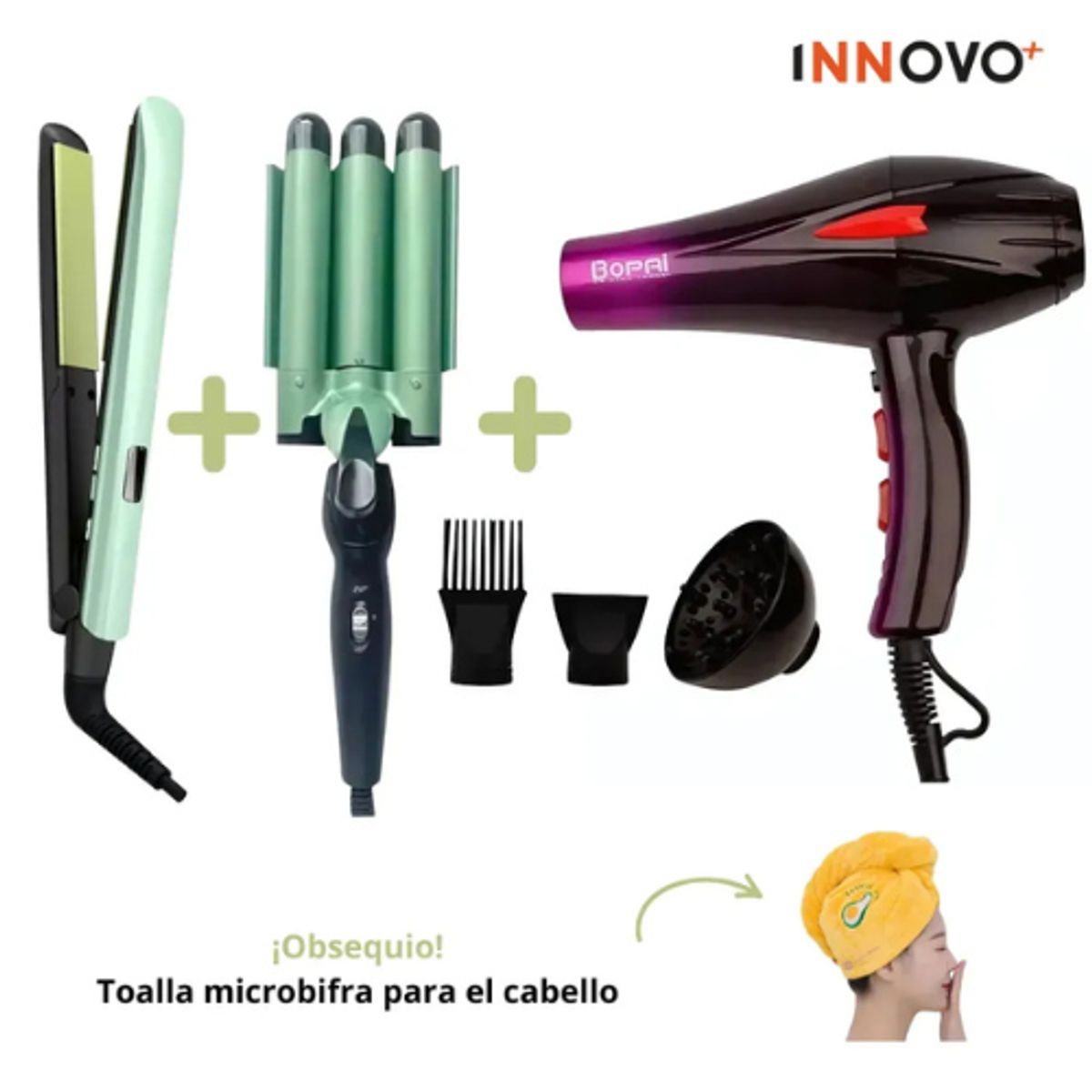 INNOVA - Secador Bopai 4000w + Plancha Tradicional + Pinza Sirena + Obsequio