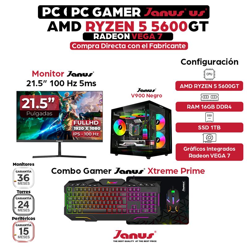 JANUS - PC Gamer AMD Ryzen 5 5600GT RAM 16GB RGB SSD 1TB Monitor 22 Pulgadas 100Hz