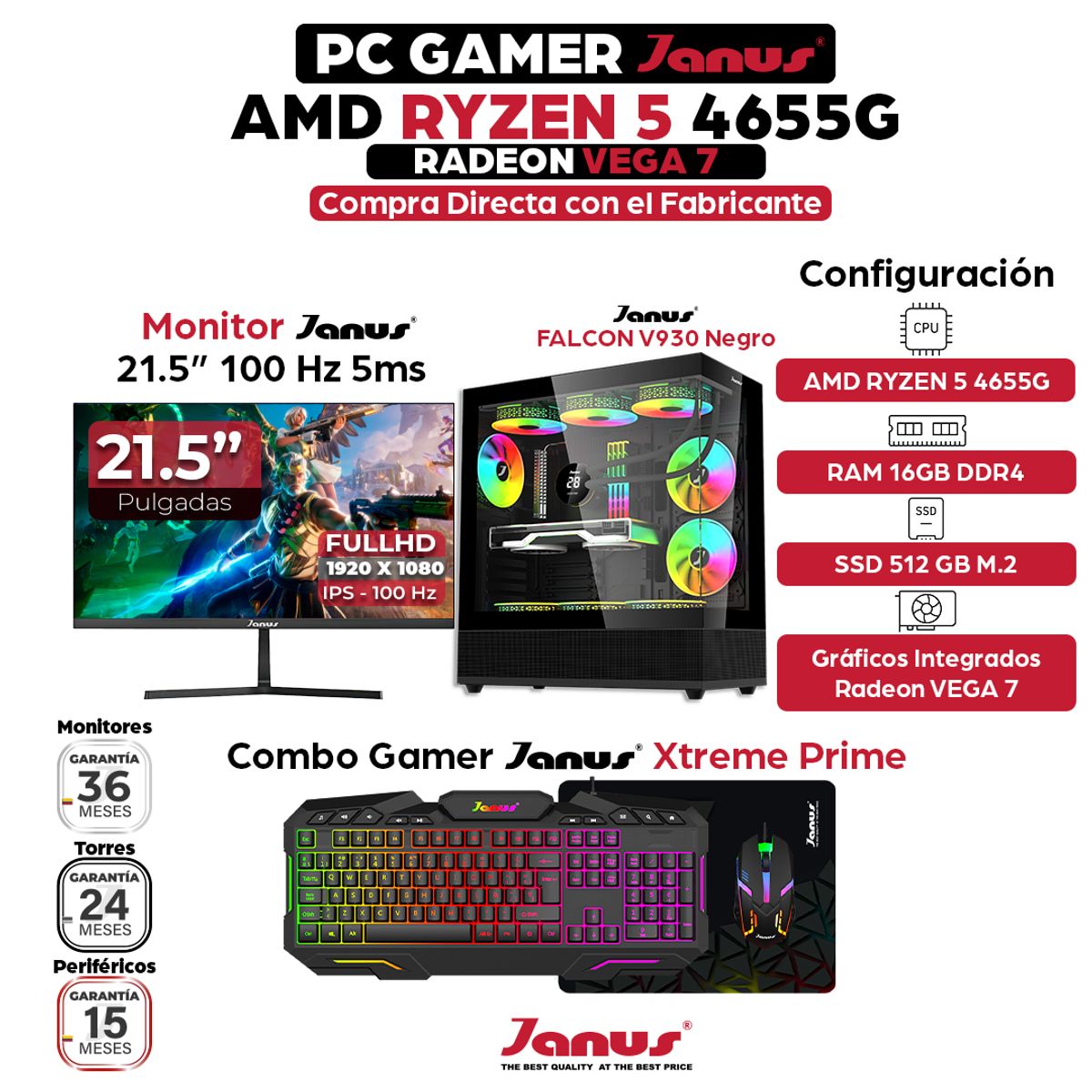 JANUS - Computador Gamer AMD Ryzen 5 4655G RAM 16GB SSD 512GB Monitor 22 Pulgadas 100Hz