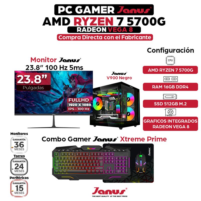 JANUS - Computador Gamer Ryzen 7 5700G RAM 16GB RGB SSD 512GB Monitor 24 Pulgadas 100Hz